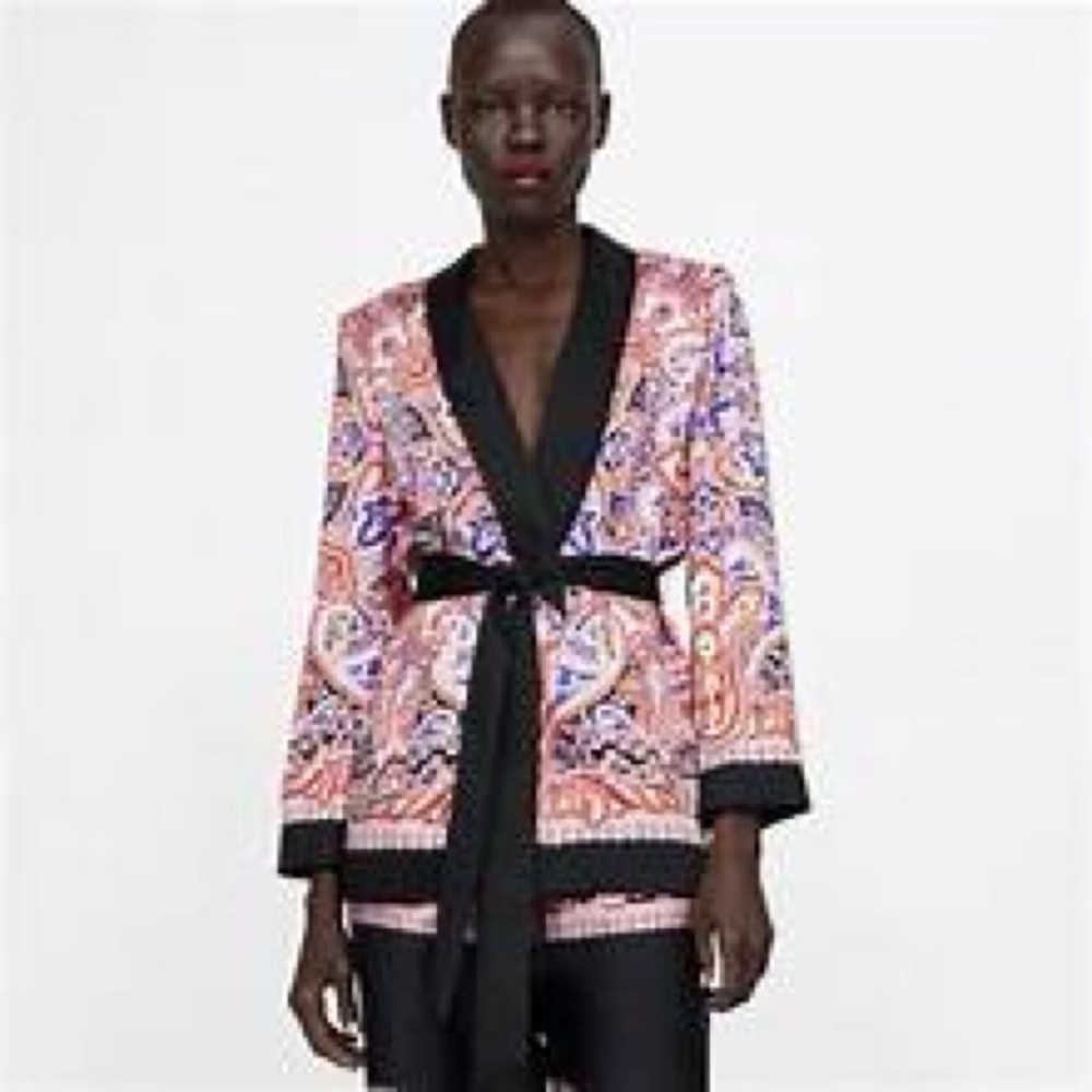 Zara Silky Paisley Print Women's tuxedo kimono belted Jacket maximalist wedding
